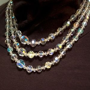Aurora Borealis Crystal Bead Stations Necklace Two Strands Fine Gold Tone Metal Chain Vintage